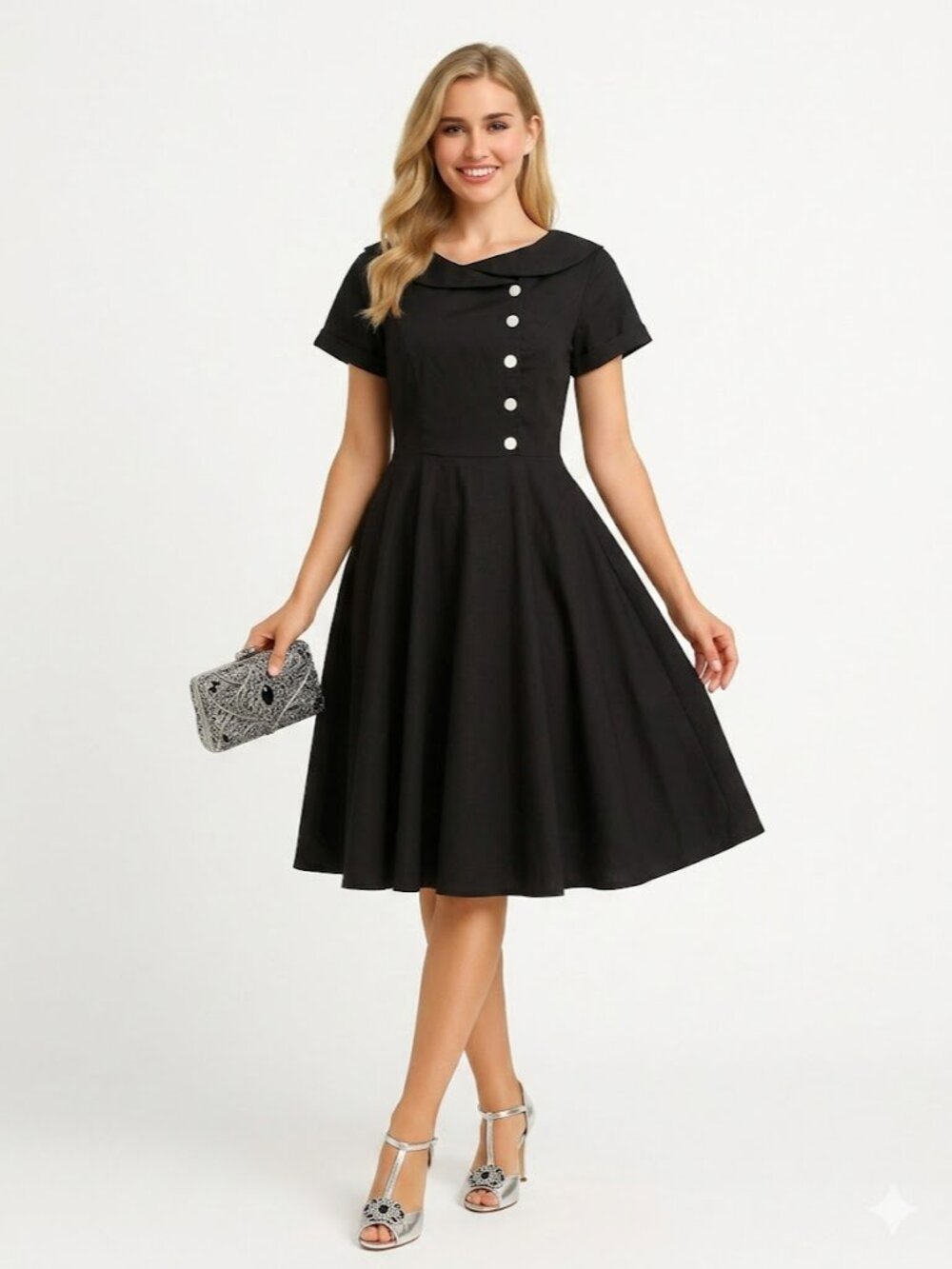 WEDTREND Black 1950s Vintage Style Swing Dress Peter Pan Collar Size M
